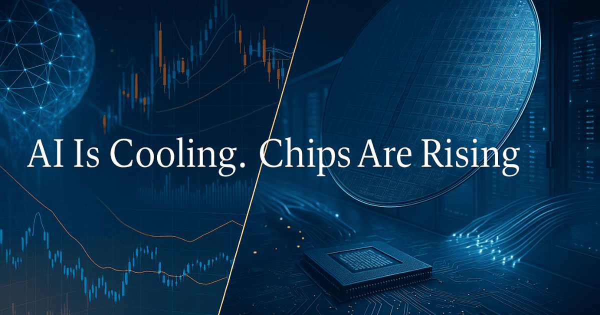 Premium editorial image showing AI neural networks transitioning into semiconductor chips and data-center infrastructure, symbolizing the shift from AI stocks to chip and tech-infrastructure investing.