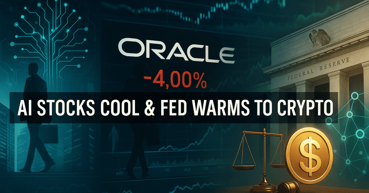 Oracle stock dips 4% amid AI market volatility with Federal Reserve embracing crypto regulation under GENIUS Act, illustrated with trading charts, Fed building, blockchain nodes, and stablecoin symbol.
