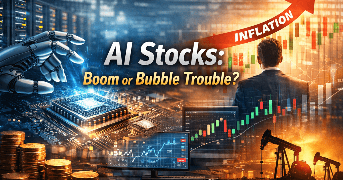 Hyper-realistic illustration showing AI chips, data centers, stock market charts, and an investor analysing AI stock performance and inflation risks in global financial markets.