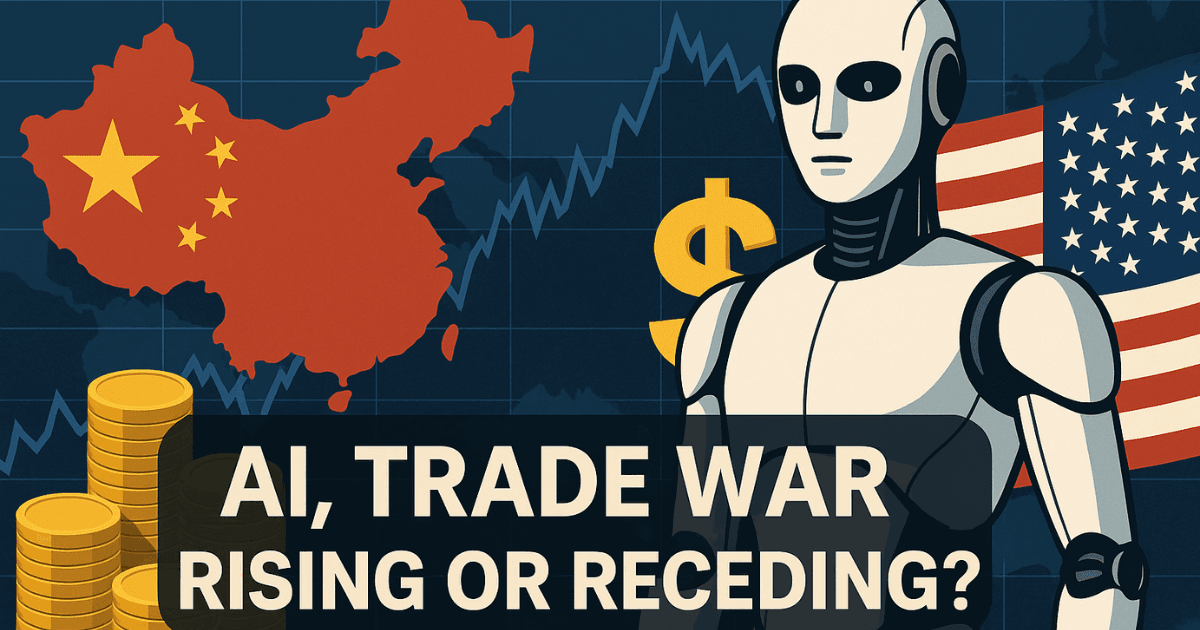 Humanoid robot between US and China flags with financial charts, coins, and bold AI trade war headline