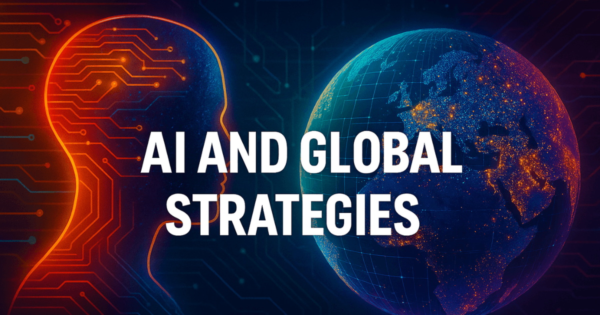 Digital illustration of a glowing AI head and Earth connected by circuitry, symbolizing global AI strategies and technology influence