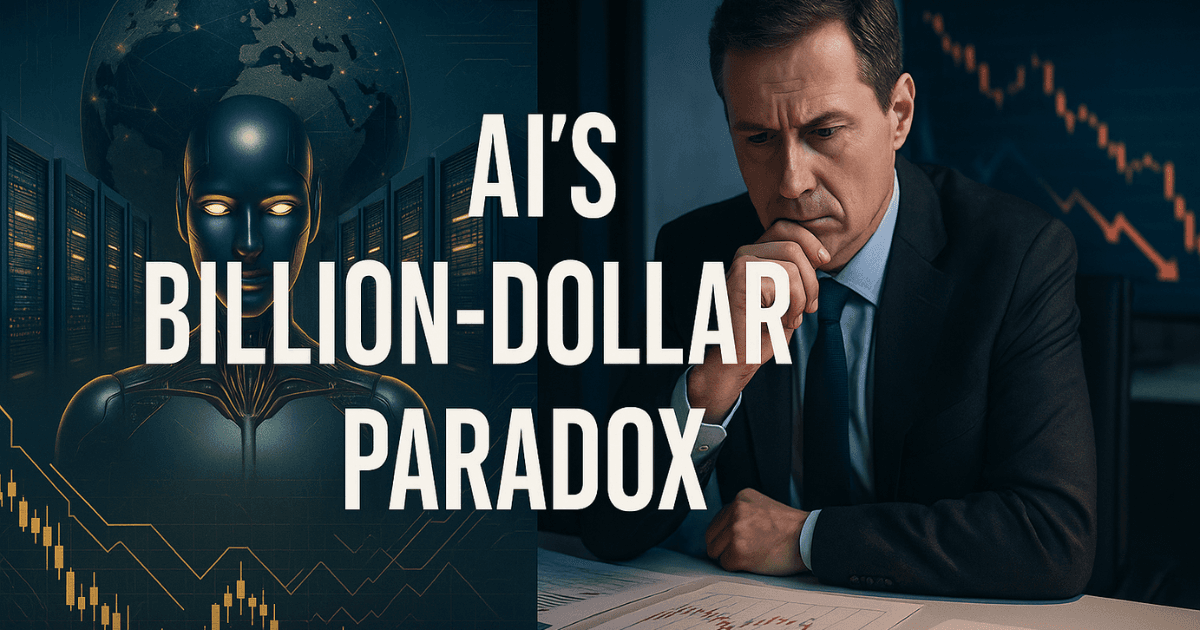 AI investment paradox with futuristic servers and investor analyzing financial charts – symbolizing global doubts vs trillion-dollar AI dreams