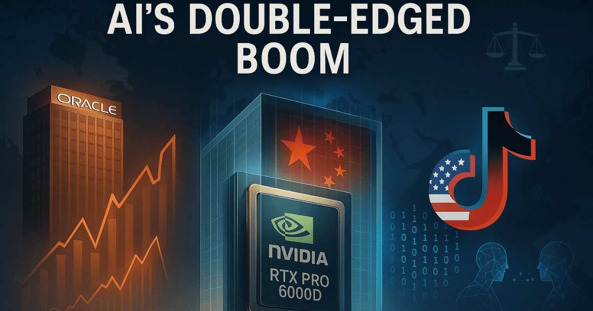 Nvidia RTX Pro 6000D chip ban in China, TikTok U.S. sale deal, Oracle AI rally, WTO inequality warning, global AI investment risks visual.