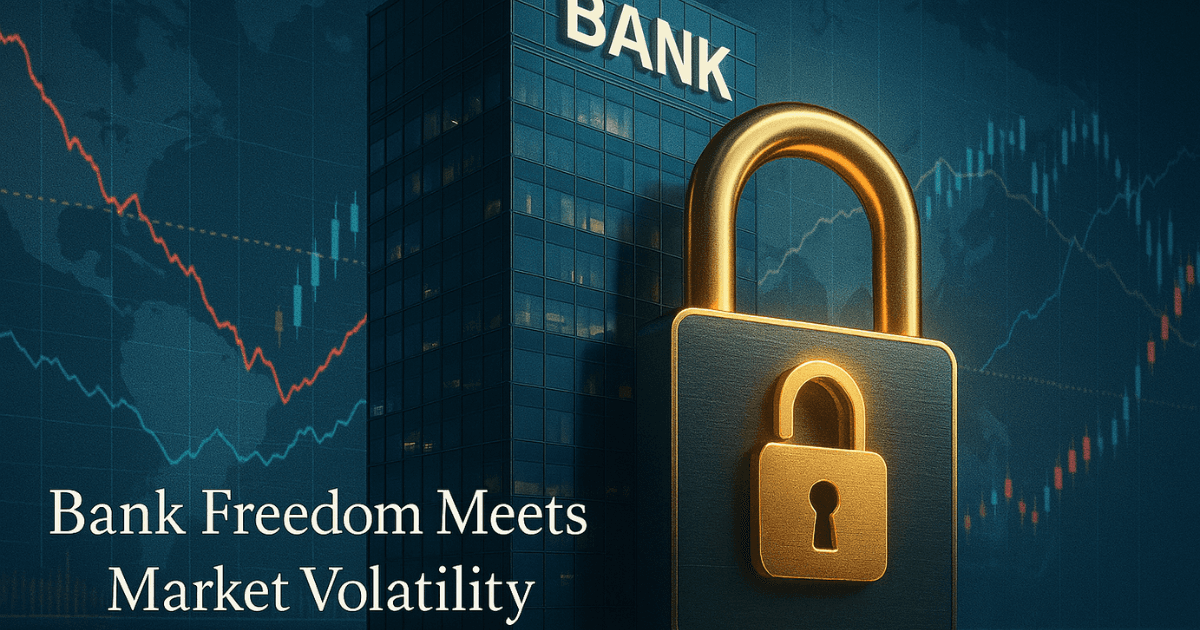 Global bank freedom visualized with an unlocked financial tower surrounded by volatile bond-yield charts and interest-rate signals.