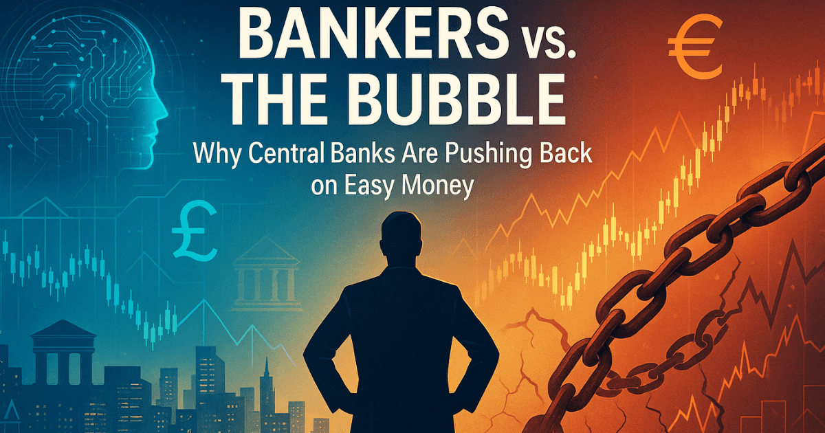 Central bankers balancing innovation and risk amid AI-driven markets, representing ECB and Bank of England regulation against private credit fragility and shadow banking risks.