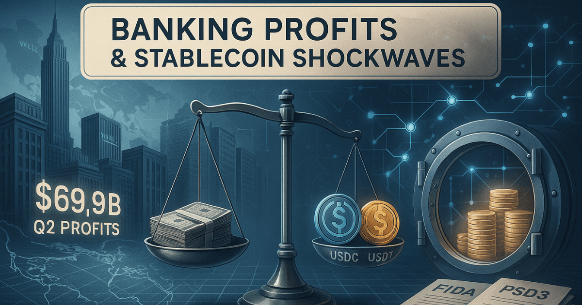 Realistic editorial-style financial image showing U.S. bank profits, open finance regulations, and stablecoins reshaping global finance with digital and traditional symbols.