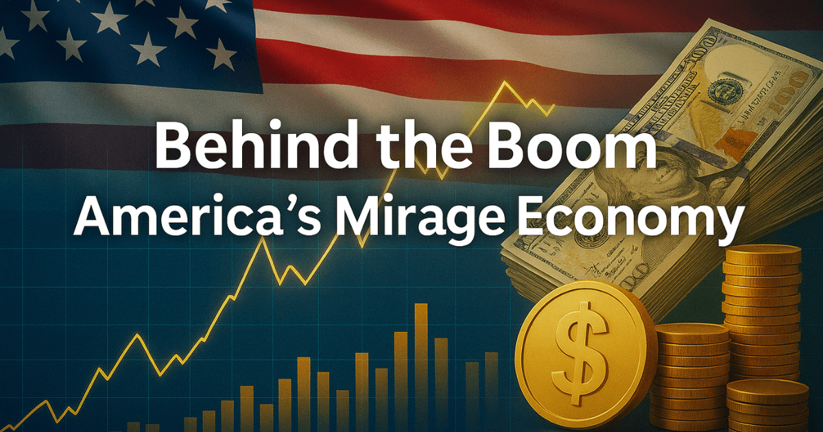 A conceptual image showing the U.S. flag, stock market chart, gold coins, and dollar bills symbolising America’s booming yet uneven economy in 2025.