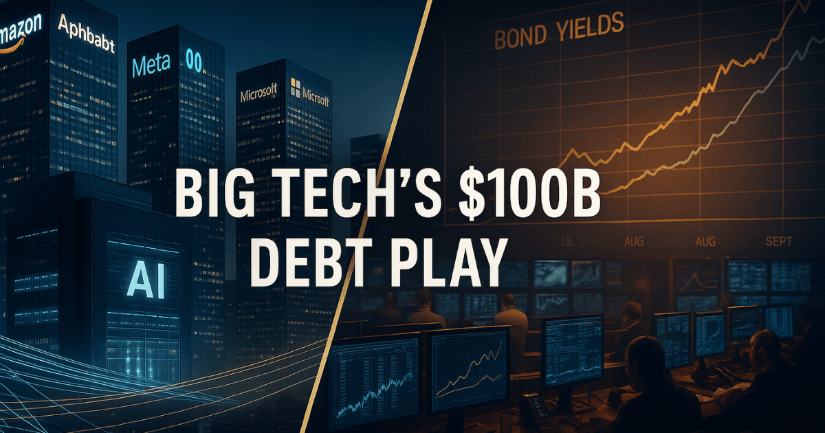 Editorial image showing Big Tech companies raising corporate debt for AI infrastructure, featuring data centers, digital graphs, and global bond market visuals.