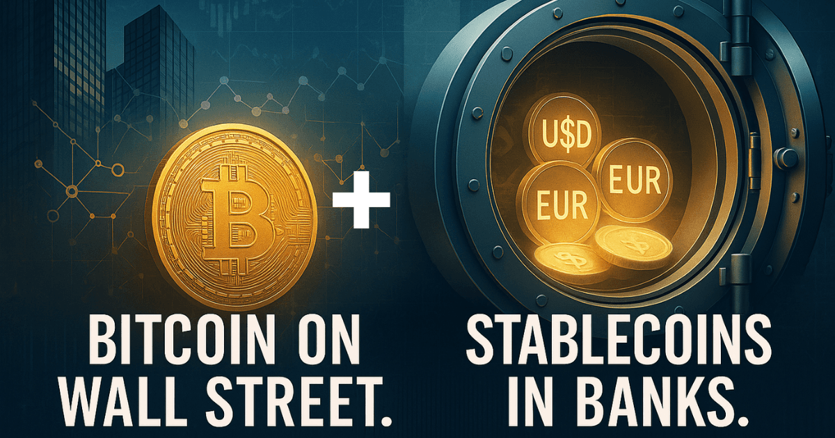 Editorial illustration of Bitcoin adoption on Wall Street and stablecoins transforming global banking, with Nasdaq charts and bank vault imagery.