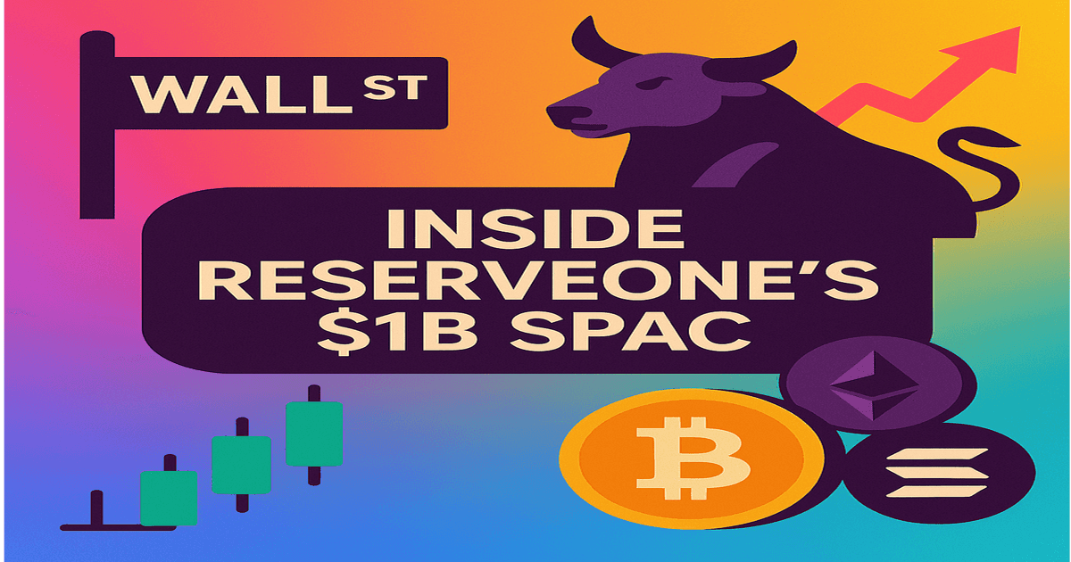 High-resolution vector illustration showing ReserveOne's $1B SPAC deal with crypto and Wall Street icons including Bitcoin, Ethereum, Solana, and stock market visuals.