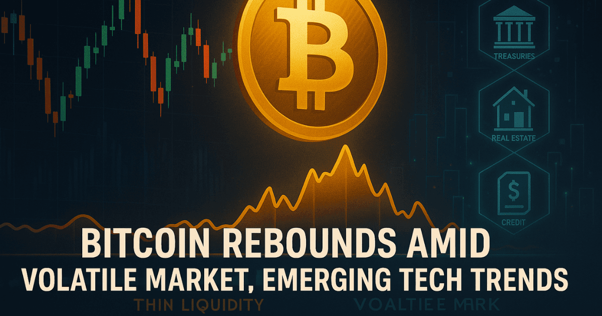 Bitcoin price rebound above $90K with volatile crypto charts and tokenised real-world asset visuals in a premium editorial design.