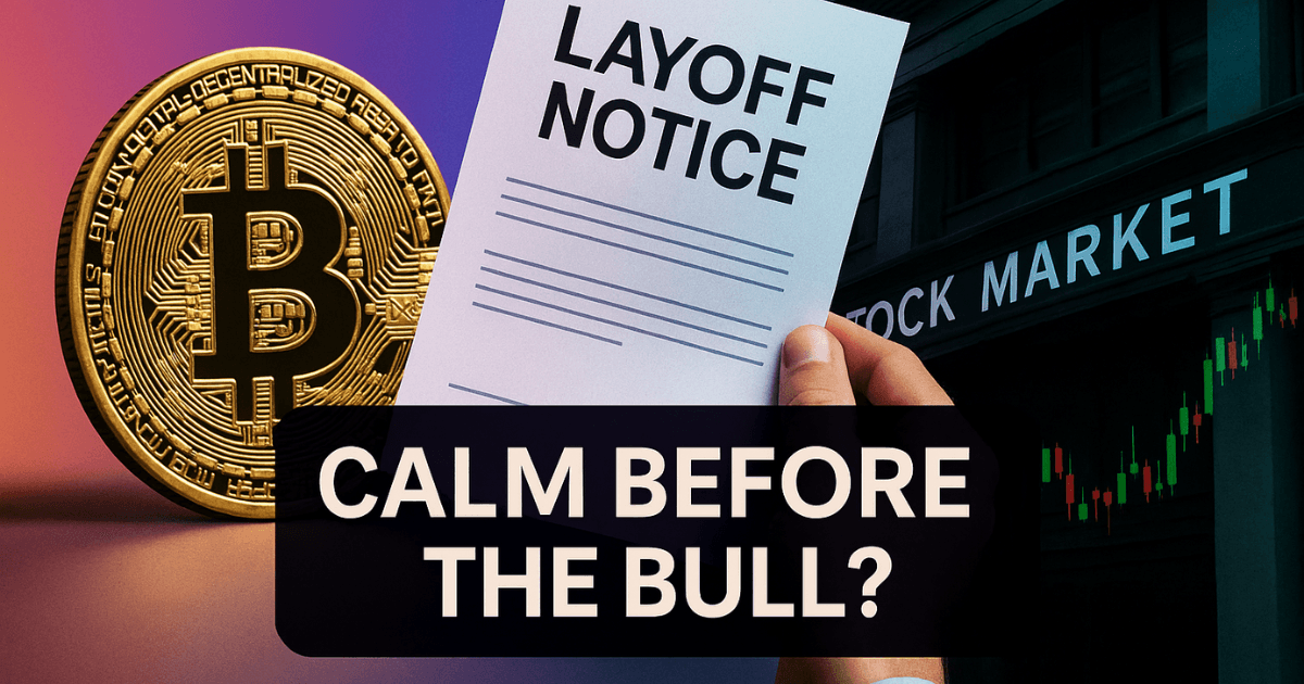 Bitcoin coin, layoff notice, and stock market chart under gradient lighting — symbolising financial market uncertainty and investor sentiment shifts in 2025.