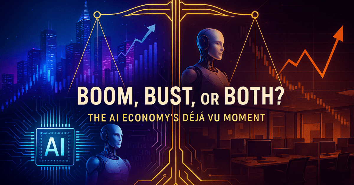 AI economy boom vs bust concept showing market growth and tech layoffs