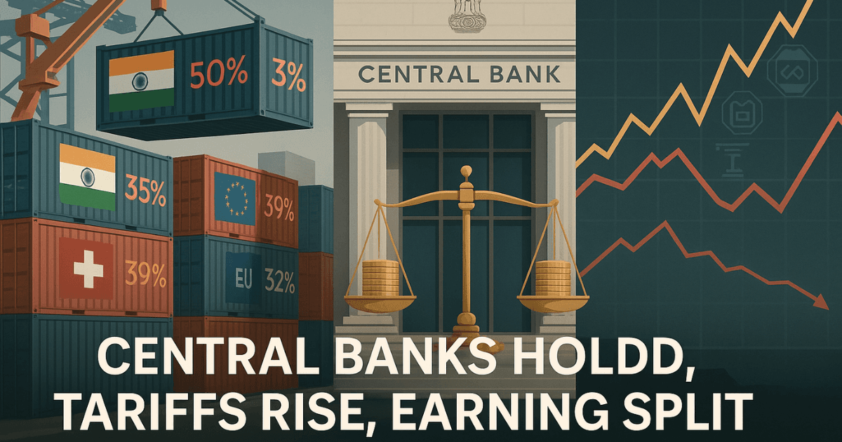 Premium editorial illustration showing global trade tensions with shipping containers marked with U.S., EU, India, and Swiss flags and tariff rates, a central bank building with balanced scales, and rising and falling stock market graphs.