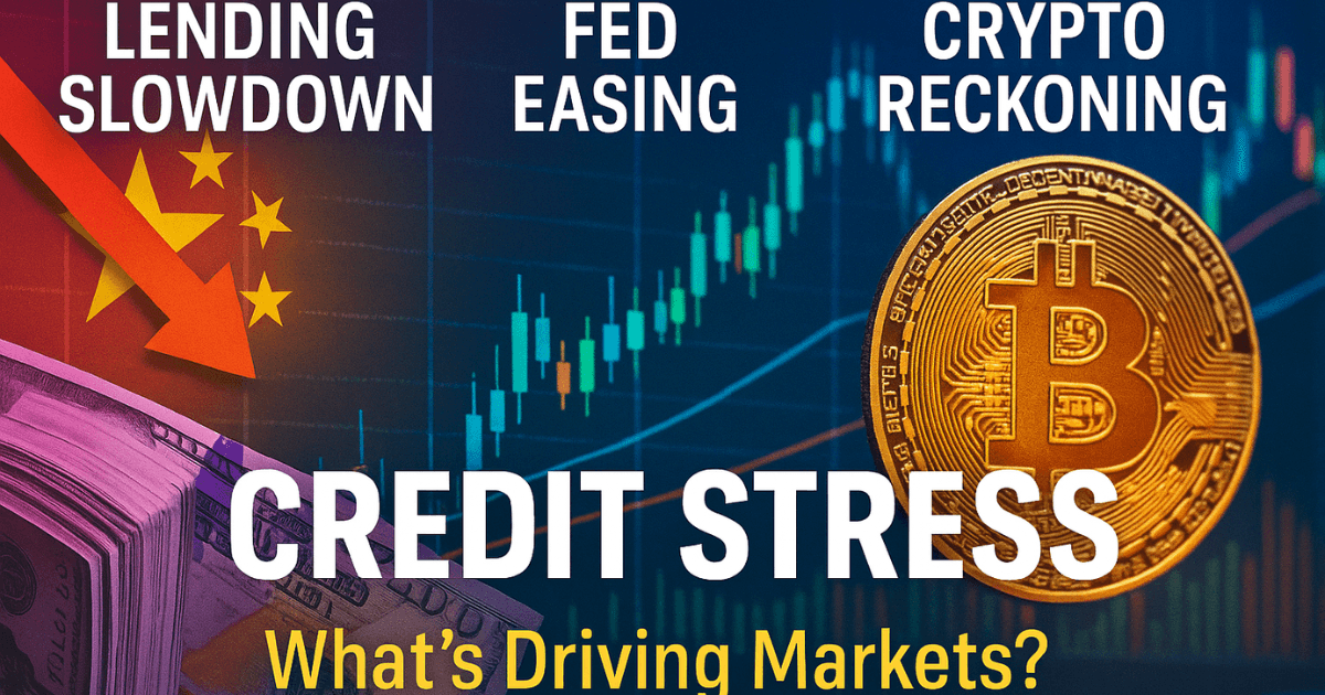 Global financial market stress illustration showing China lending slowdown, Fed easing rally, and crypto reckoning with Bitcoin symbol and credit stress headline