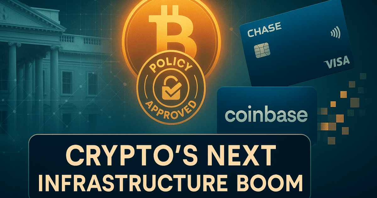 Illustration of a U.S. government building, Bitcoin policy approval stamp, Chase credit card, and Coinbase logo representing cryptocurrency regulation and financial integration.