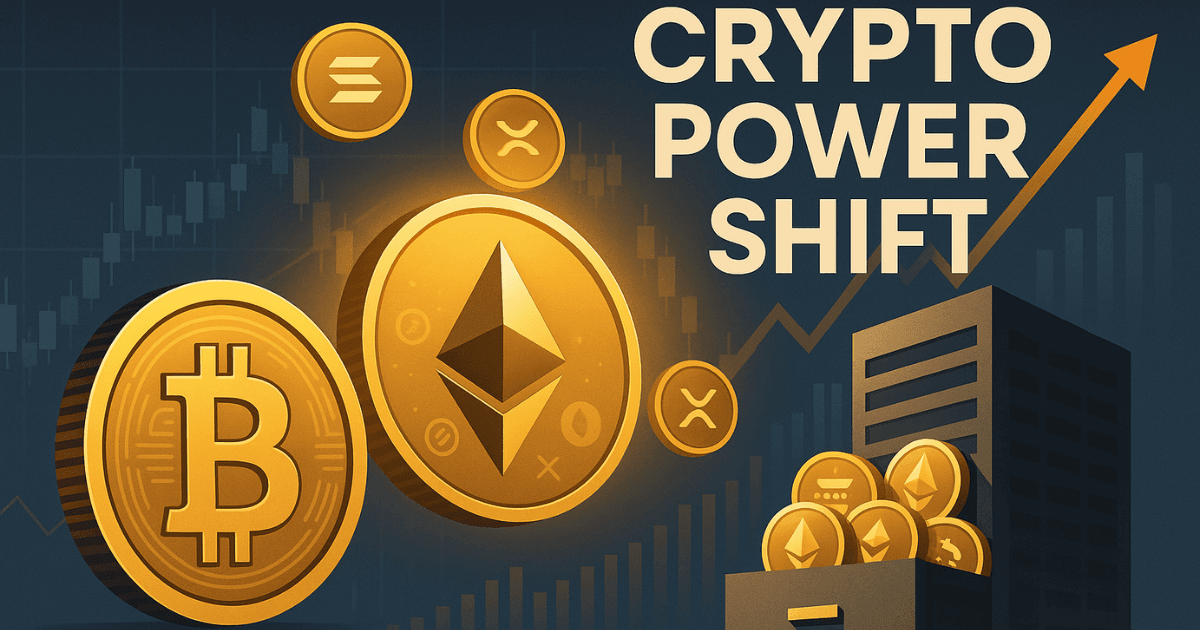 Premium digital illustration showing Bitcoin stability, Ethereum rally, altcoin momentum, and corporate cryptocurrency investment trends with the headline "Crypto Power Shift."