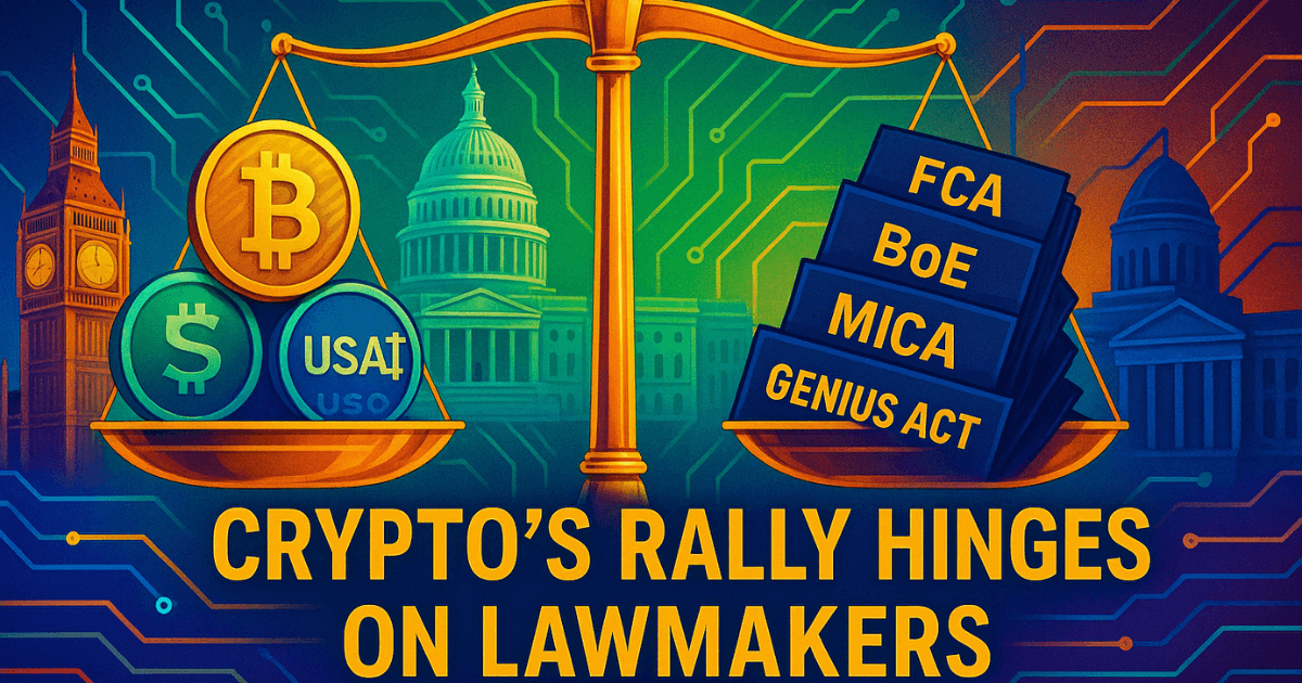 Golden balance scale with Bitcoin, USDT, USA₮, USDC on one side and FCA, BoE, MiCA, GENIUS Act documents on the other, symbolizing global crypto regulation shaping markets.