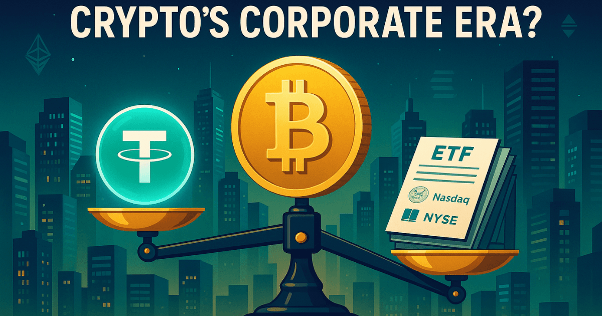 Editorial-style illustration of Bitcoin, Tether stablecoin, and ETF approvals symbolizing crypto’s corporate era, with institutional finance skyline in background.