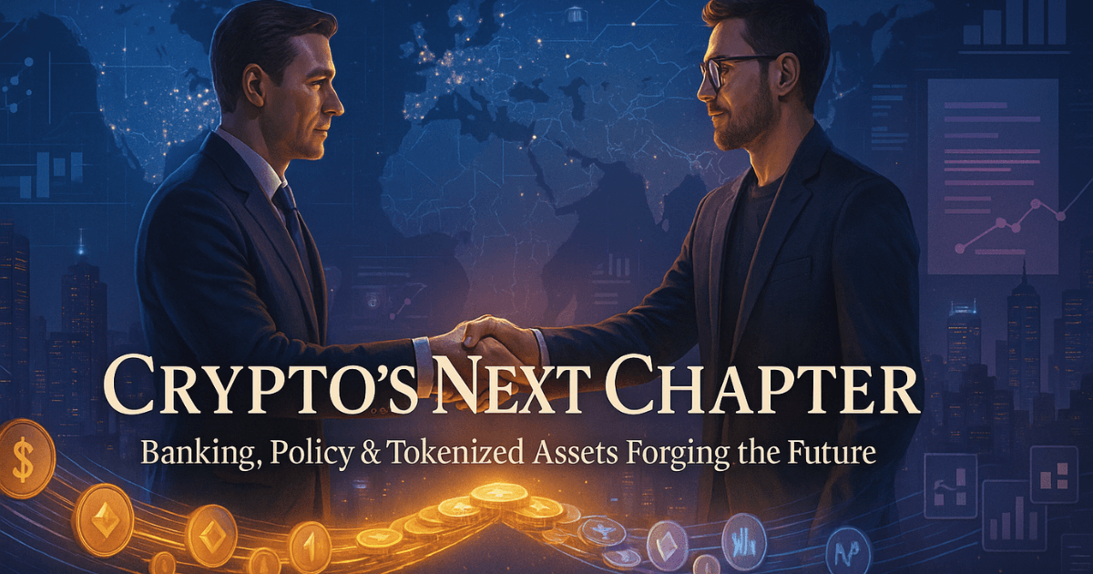 A cinematic image of a banker and blockchain engineer shaking hands across a bridge of glowing stablecoins and tokenized assets, symbolizing the merger of banking, policy, and crypto innovation.