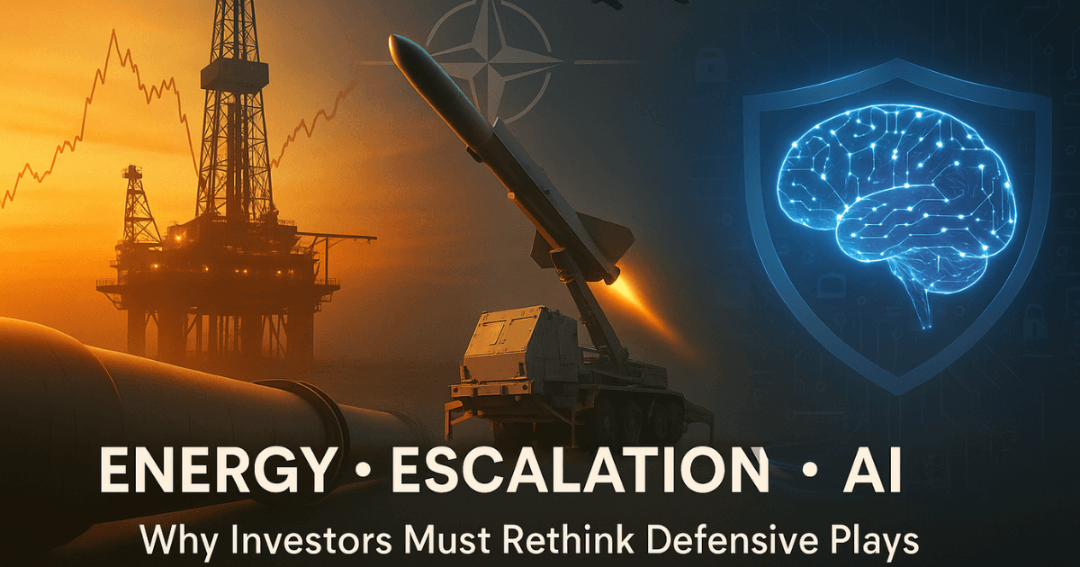 High-resolution illustration showing an oil rig with price chart, NATO missile defence system, and AI brain icon—representing energy market shifts, geopolitical escalation, and AI cybersecurity trends shaping investor strategies.