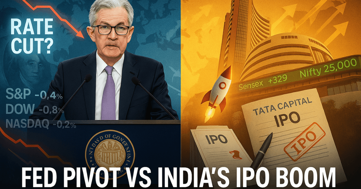 Jerome Powell signals September rate cut as U.S. markets slip while India’s Sensex, Nifty, and IPO boom surge with Tata Capital listing.
