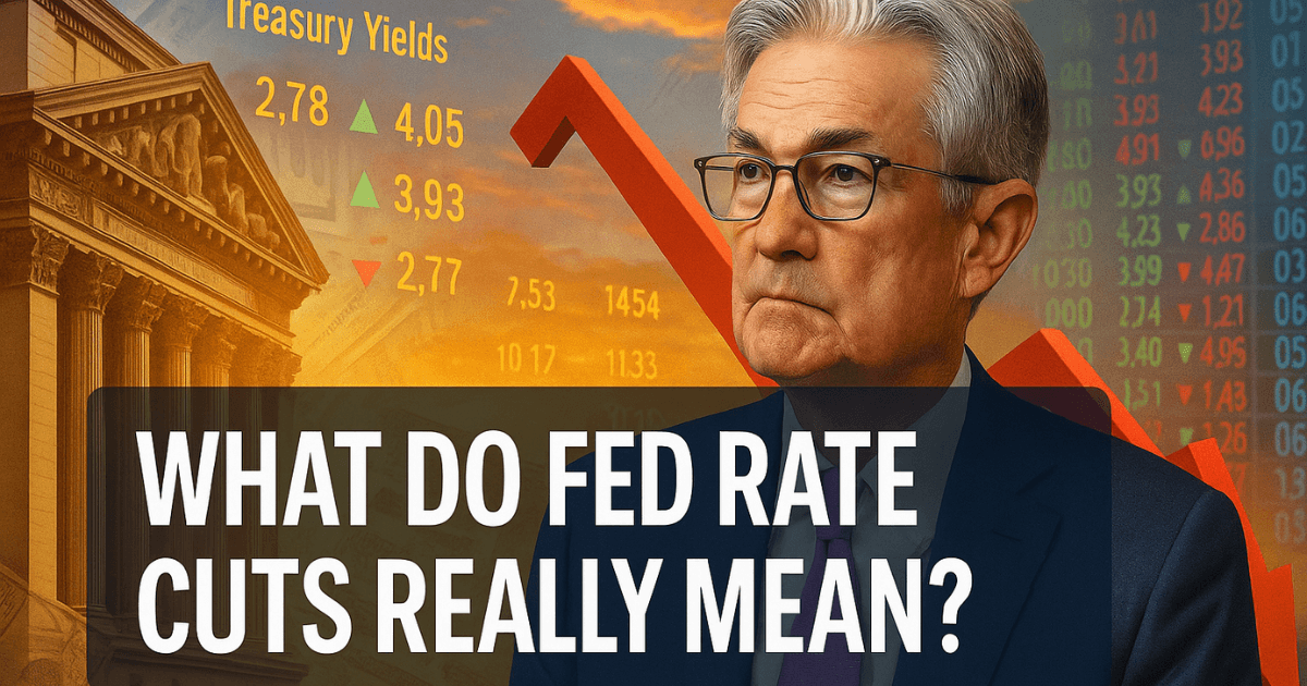 Federal Reserve Chair Jerome Powell against financial market charts illustrating Fed rate cuts, treasury yields, and investor uncertainty around the interest rate outlook.