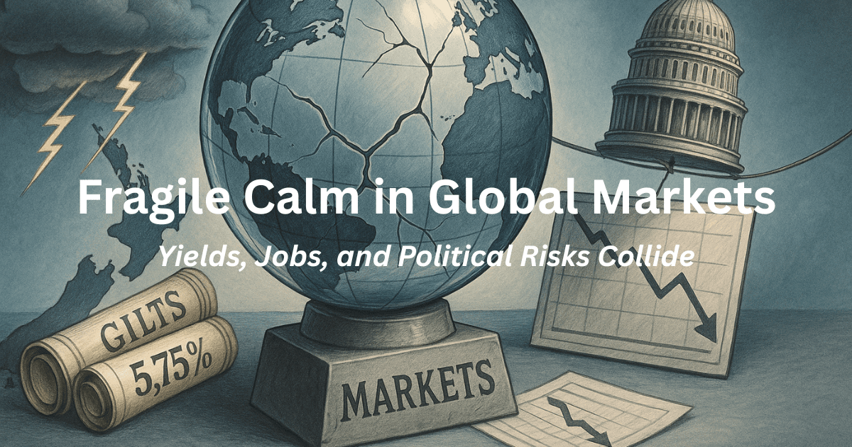 Fragile global economy illustration showing cracked market globe with UK gilt yields, U.S. jobs slowdown, New Zealand storms, and U.S. political risks.