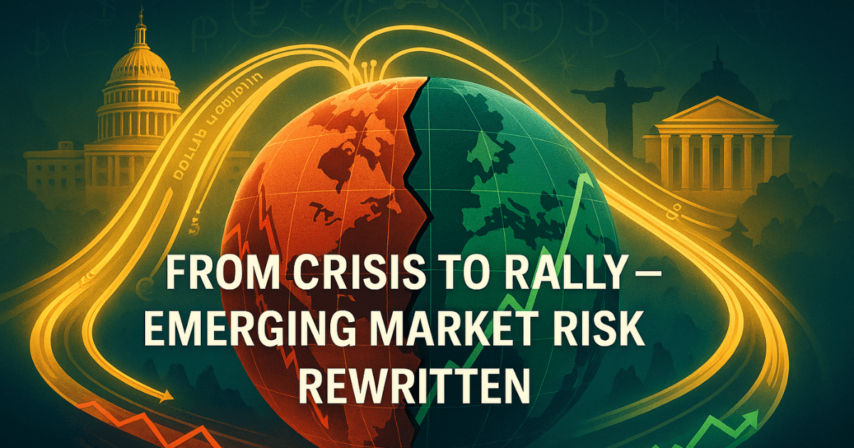 Emerging market rally visualized with dollar liquidity swap lines, U.S. support, and global currency flows showing crisis to recovery.
