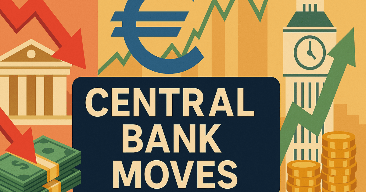 Central bank moves illustration showing Fed, Bank of England, and Eurozone financial shifts with market arrows and currency symbols