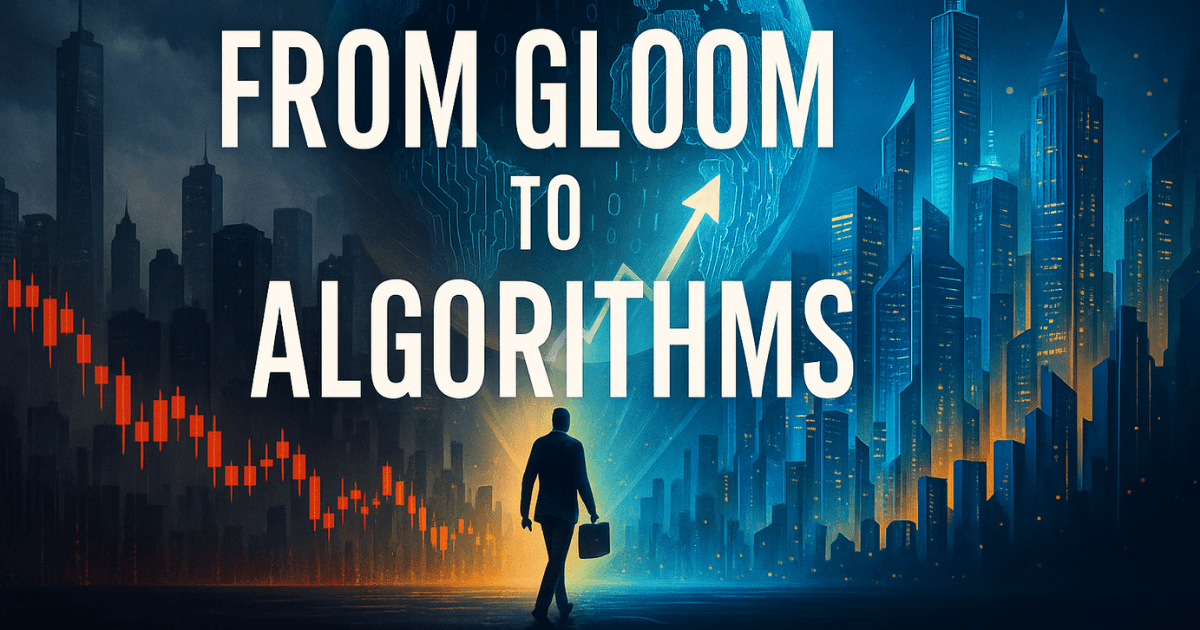 Premium editorial image showing global finance’s evolution from economic gloom to AI-powered recovery, blending skyscrapers, digital cities, and a glowing data globe.