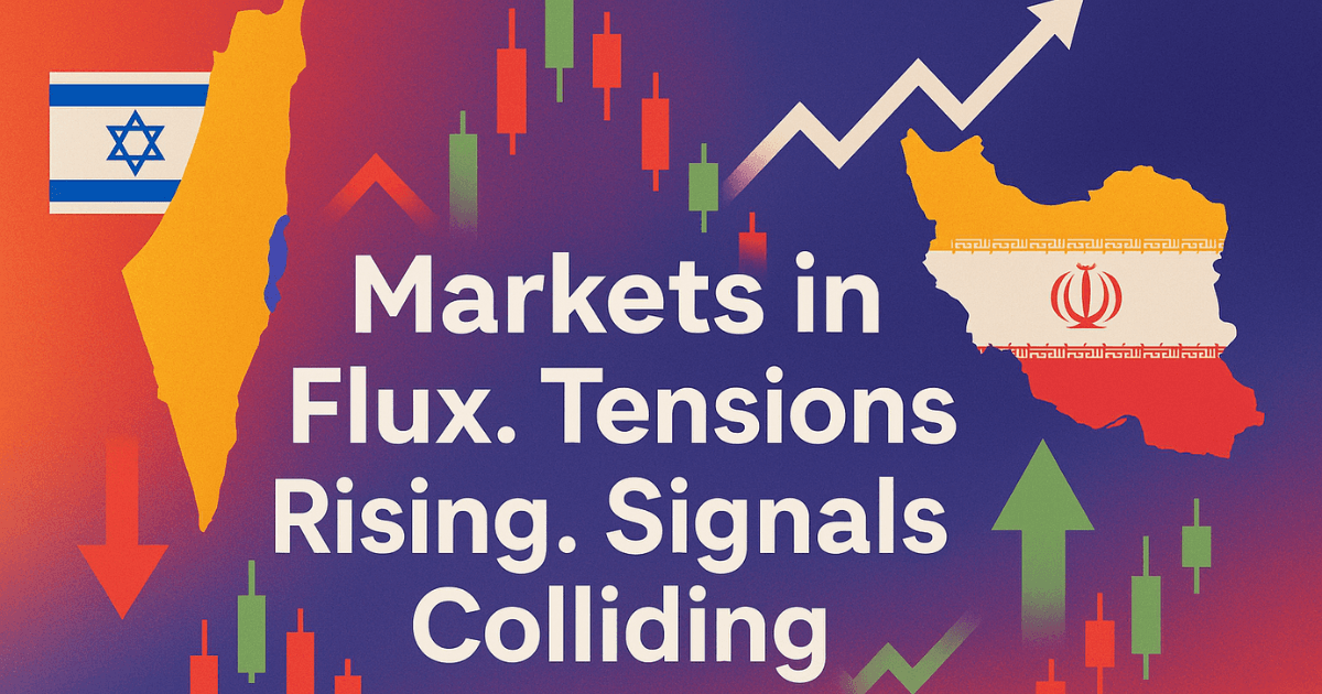 Israel-Iran tensions illustrated with flags, candlestick charts, and rising/falling arrows, highlighting market volatility and geopolitical risk.