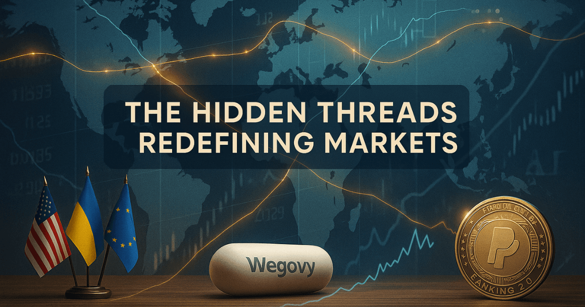 Premium financial illustration showing U.S., Ukraine, and EU flags, Wegovy pill, and stablecoin coin linked by glowing threads on a world map, symbolising geopolitics, pharma breakthroughs, and crypto banking trends.