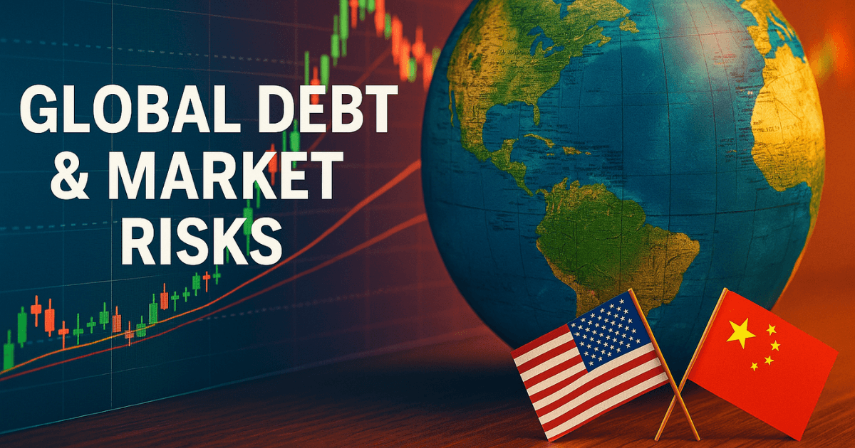 Global debt and market risk concept showing a world globe beside U.S. and China flags with rising financial charts in the background, symbolizing global debt growth, fiscal deficit, and trade tensions.