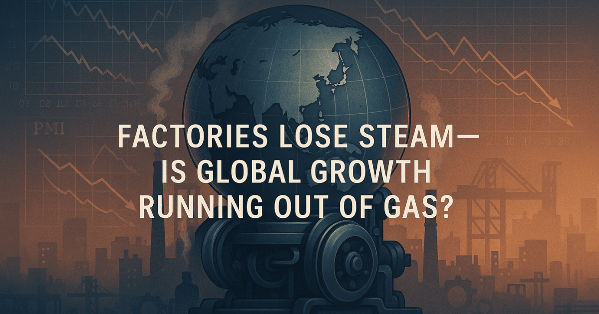 Editorial illustration showing the global economic slowdown — factories across Asia and Europe cooling down with PMI charts and a fading world-engine symbolizing manufacturing contraction.