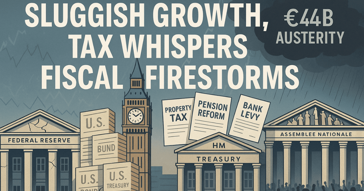 Illustration of U.S. Federal Reserve, UK budget tax changes, and France austerity crisis symbolising global economic challenges in 2025.