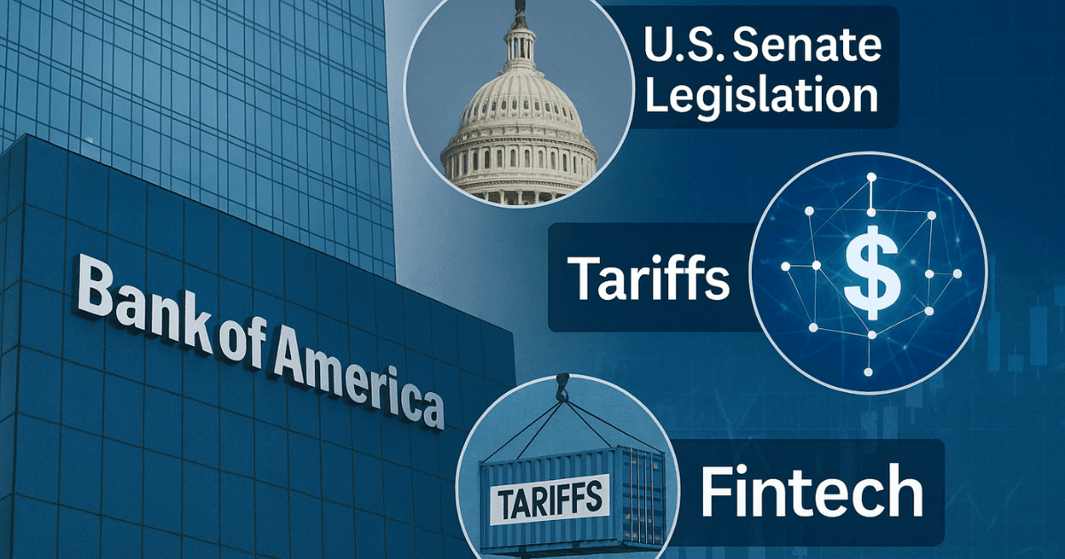 Editorial illustration depicting Bank of America headquarters with fintech, tariff, and U.S. Senate symbols — representing global finance transformation, investment banking shifts, and trade policy reform.