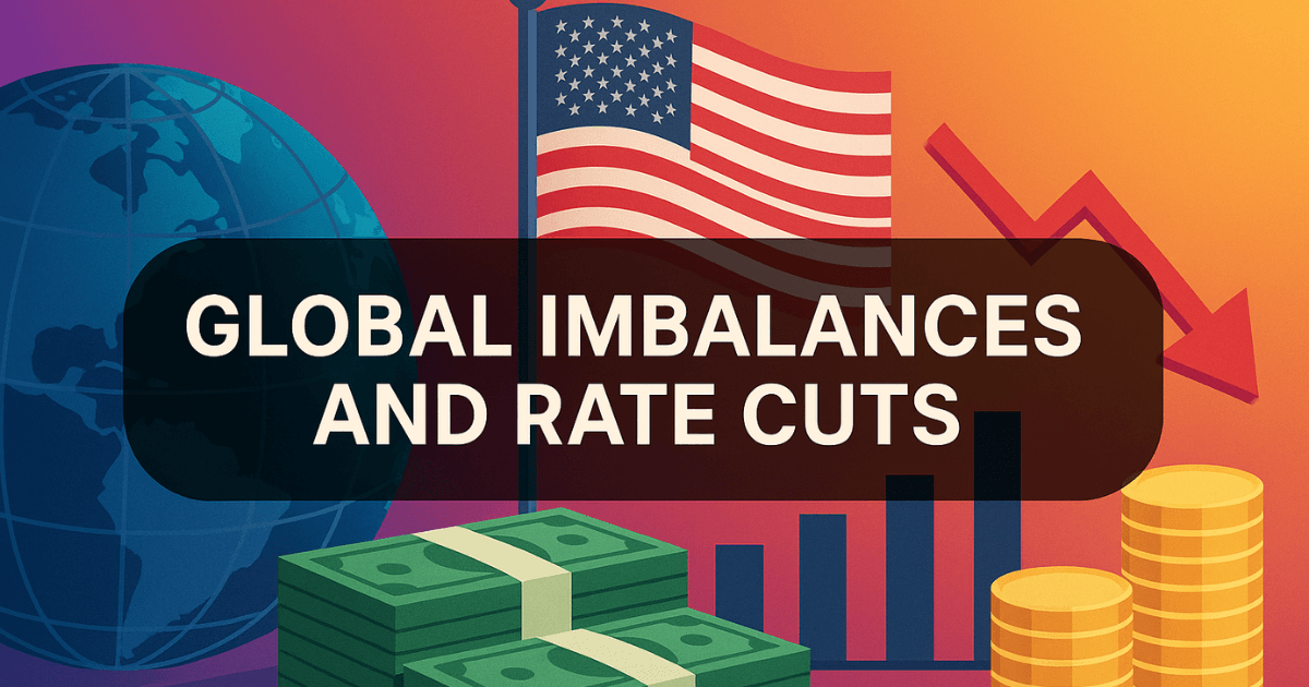 Realistic illustration of global economic imbalances with stacked money, bar charts, US flag, gold coins, and downward red arrow symbolising financial shifts and rate cut risks