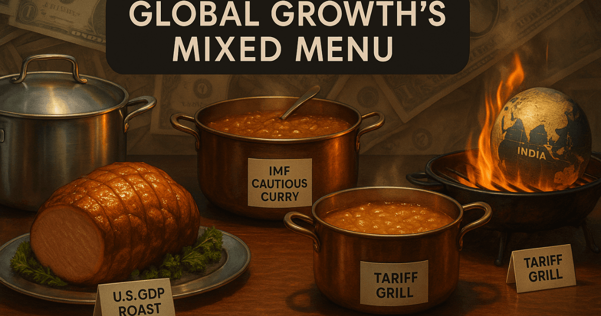 Visual metaphor of global economic data as buffet: U.S. GDP roast, IMF curry, World Bank stew, and trade tariff grill with India