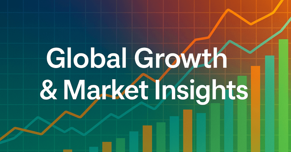 Colorful financial chart with global market trend lines and the phrase “Global Growth & Market Insights” on a multicolor background