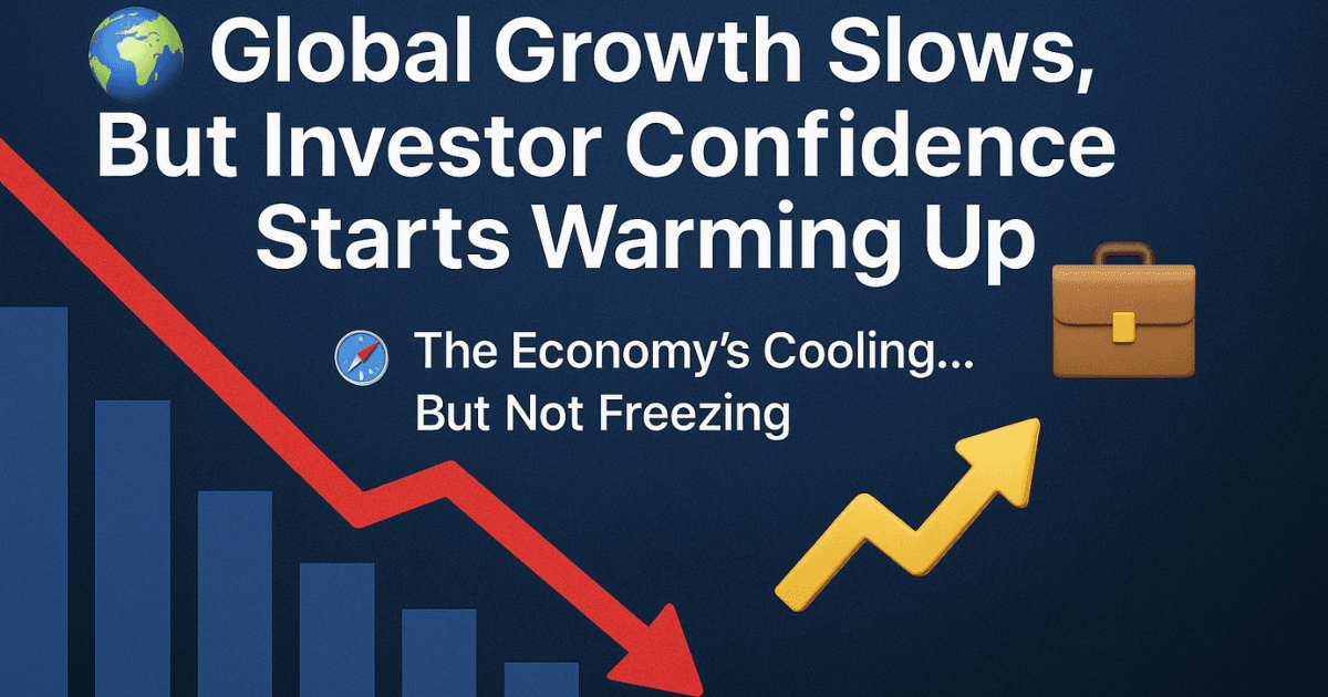 Infographic showing global growth slowdown with investor confidence rising, featuring downward red graph and upward yellow arrow