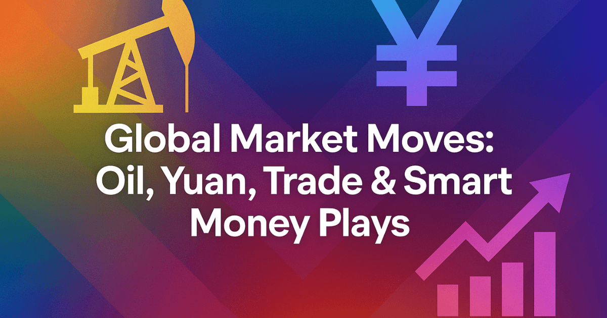 Global market trends visual featuring oil, yuan, trade symbols, and smart money indicators with vibrant multicolour background.