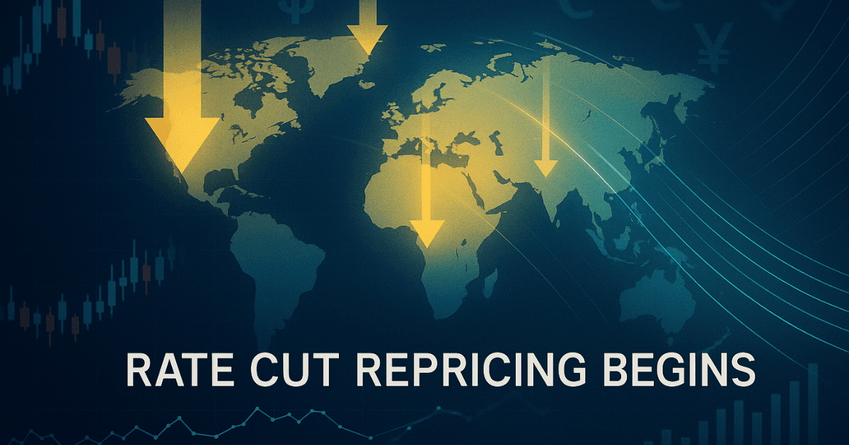 Global markets illustration showing falling treasury yields, softer U.S. dollar, and rising capital flows across regions during global interest rate cut repricing.