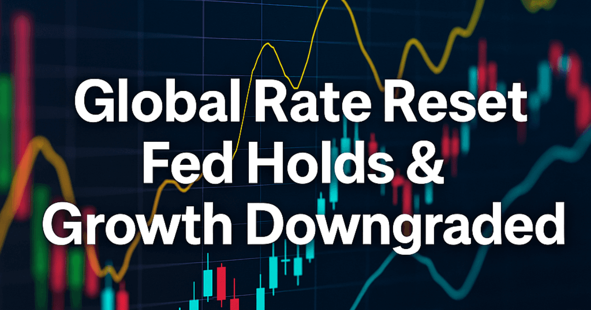 Multicolor financial chart with bold text overlay reading “Global Rate Reset, Fed Holds & Growth Downgraded” on a dark grid background.