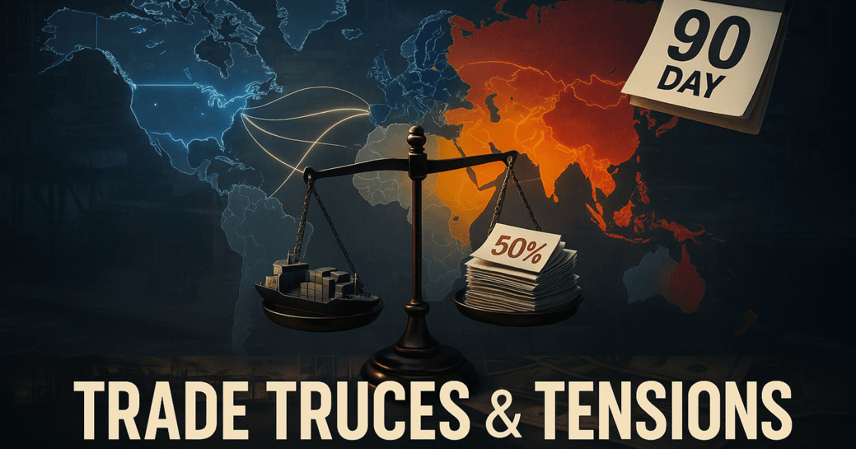 World map with glowing trade routes linking U.S., China, India, and EU, scale balancing cargo ship and tariff documents stamped 50%, with a 90-day calendar page — symbolising global trade deals, tariff truce, and tensions.