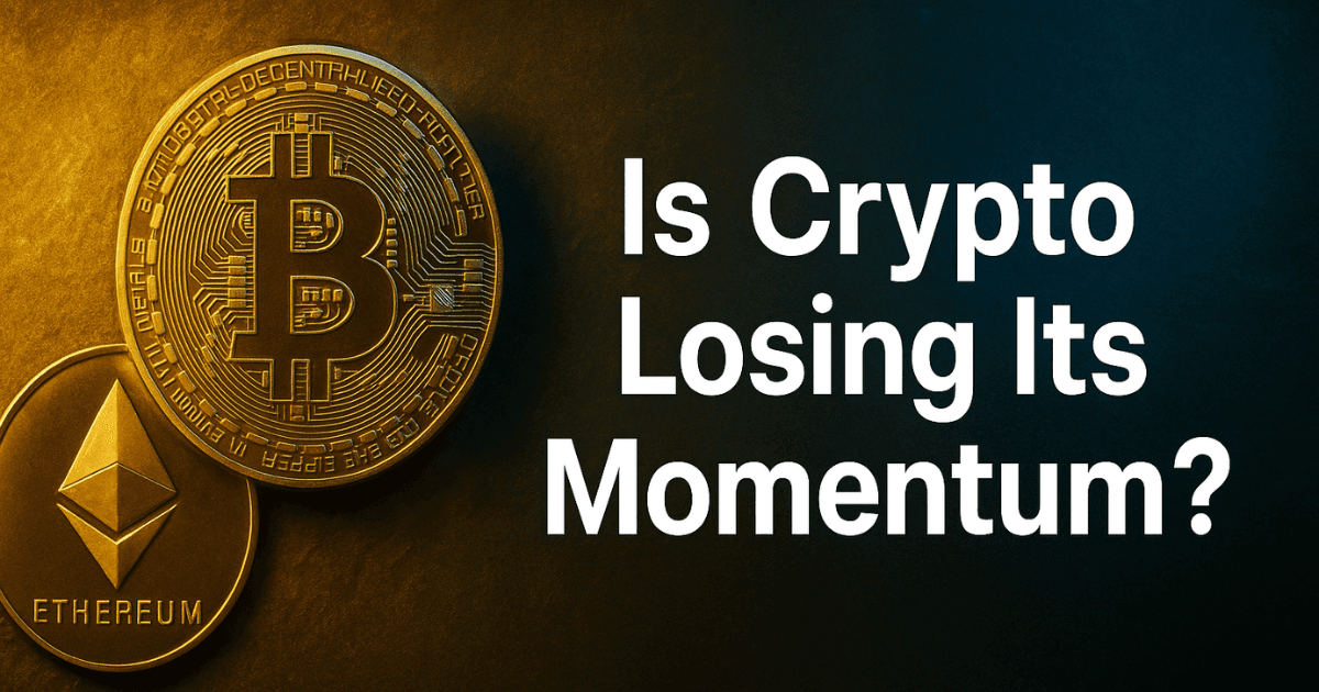 Hyper-realistic Bitcoin and Ethereum coins with golden and blue lighting contrast, symbolising the global financial shift and crypto market slowdown.