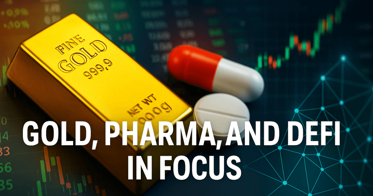 Gold bar, pharmaceutical pills, and digital DeFi network on a multicolored financial background symbolizing resilient investment sectors—gold, pharma, and decentralized finance.