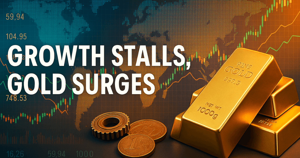 Gold bars and coins rising against global financial chart and world map — symbolizing gold’s surge amid slow global growth and economic uncertainty.