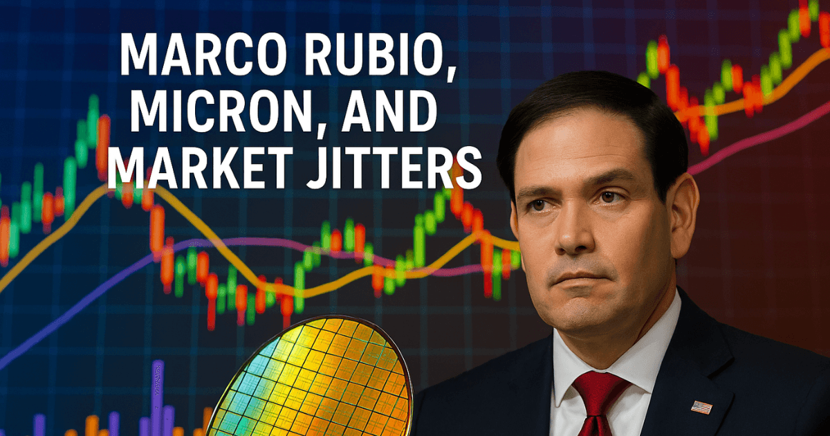 Marco Rubio with semiconductor chip and fluctuating stock market chart in background, representing U.S. diplomacy, tech investment, and market volatility