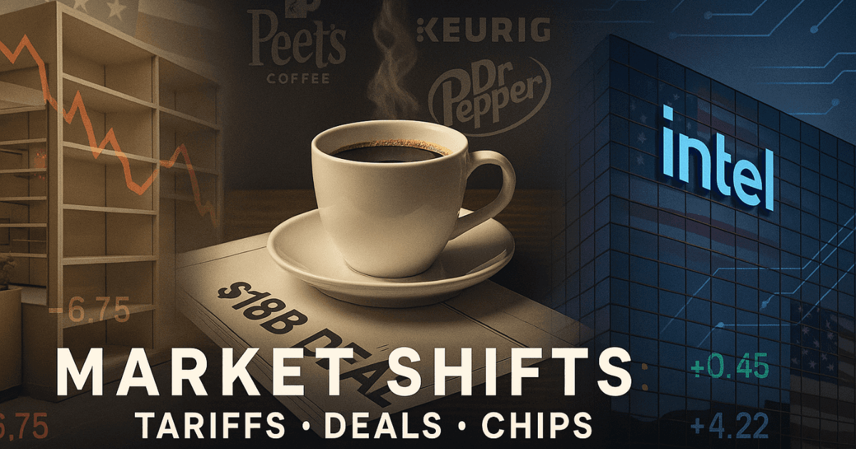 Premium editorial-style illustration showing tariff-hit furniture, Keurig Dr Pepper’s $18B coffee takeover, and Intel’s U.S. government stake.